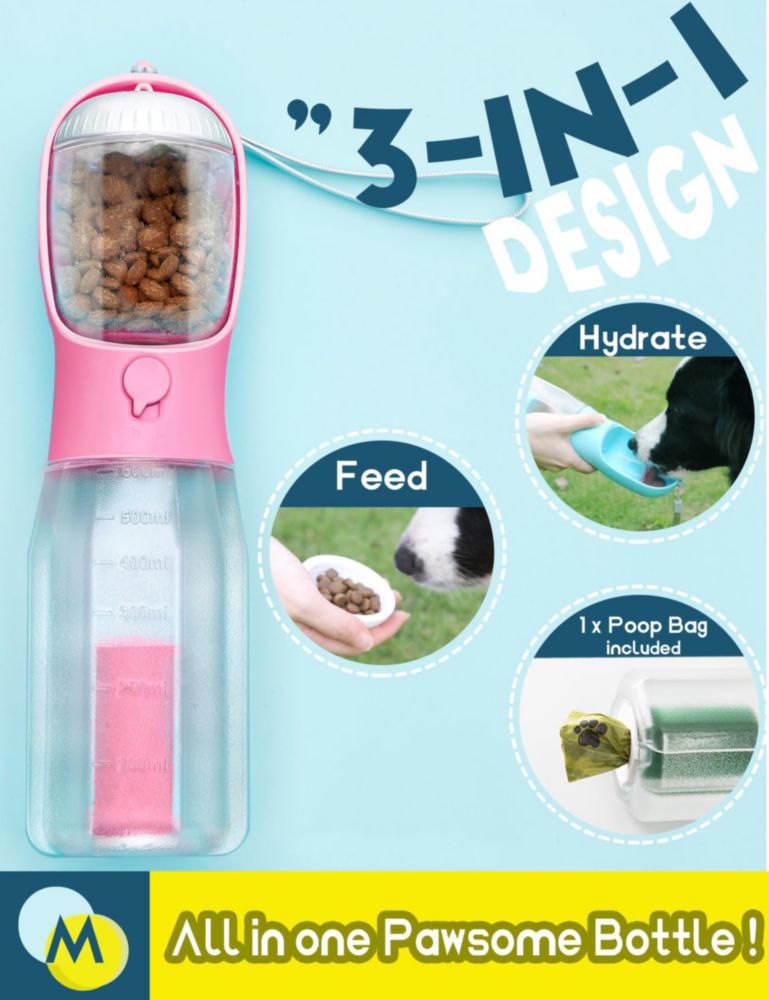 Botella de Agua MoonyMars 600 ml Rosa 3‑en‑1 para Perro de Viaje