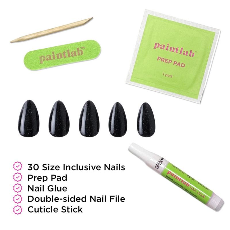 Uñas Postizas PaintLab 24 uds Almendra Corta Negro con Purpurina