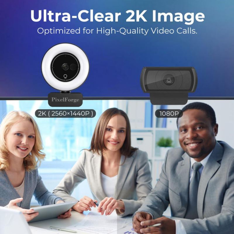 Cámara web PixelForge 2K con micrófono luz y privacidad