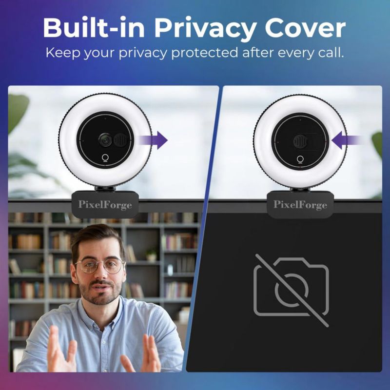 Cámara web PixelForge 2K con micrófono luz y privacidad
