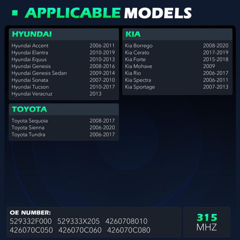 Conjunto de 4 sensores TPMS CDWTPS 315 MHz para Toyota y Kia