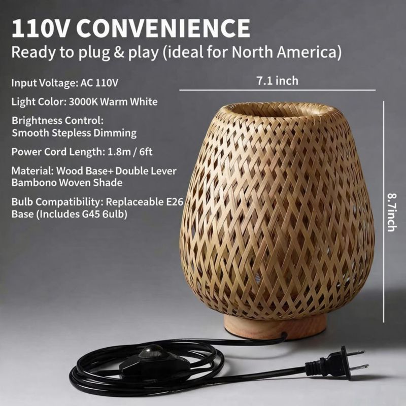 Lámpara de mesa URLIGHTS Boho de ratán y bambú 110 V