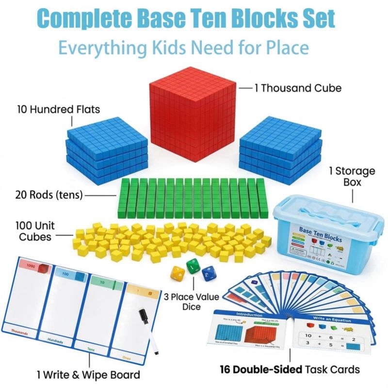 Bloques Base Diez 153 piezas - Manipulativos de Matemáticas con Tarjetas y Dados