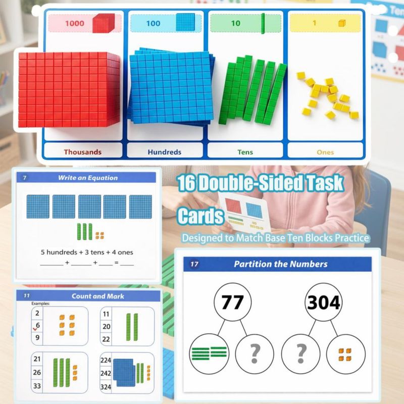 Bloques Base Diez 153 piezas - Manipulativos de Matemáticas con Tarjetas y Dados