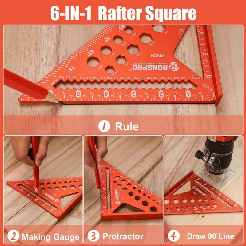 Regla RONGPRO 18 cm 6‑en‑1 Escuadra de Carpintería de Aluminio