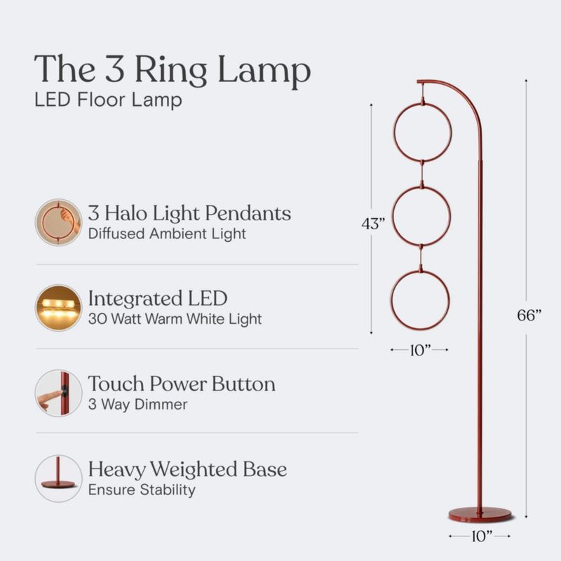 LÁMPARA Brightech 188 cm 3 anillos LED rojo regulable
