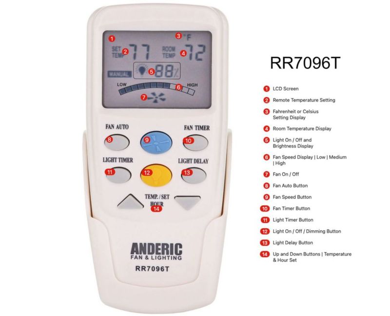 Control remoto termostático Anderic RR7096T para ventilador de techo