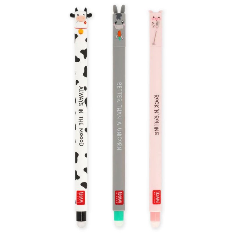 Set de 3 bolígrafos de gel Legami 07 mm con diseños de animales de granja