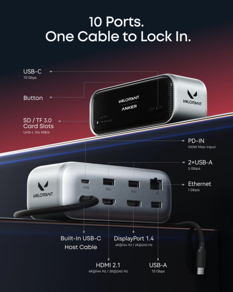 Hub USB‑C Anker VALORANT 10‑en‑1 con Pantalla Inteligente