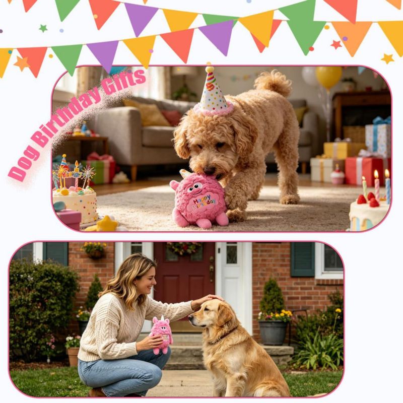 Juguete para Perro HUGEME Monstruo de Peluche Rosa con Silbido de Cumpleaños