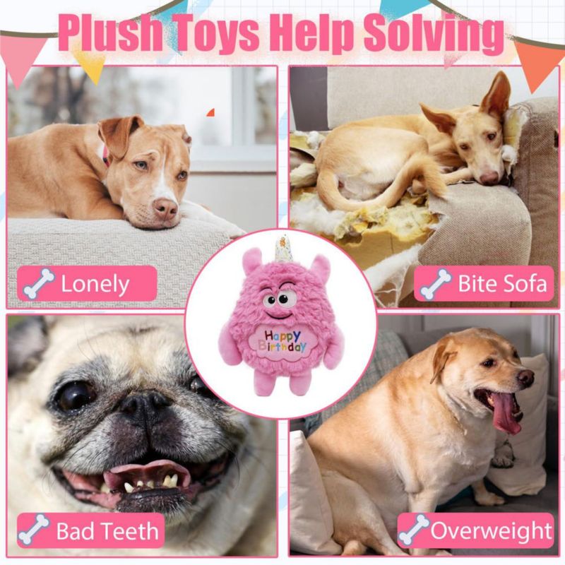 Juguete para Perro HUGEME Monstruo de Peluche Rosa con Silbido de Cumpleaños