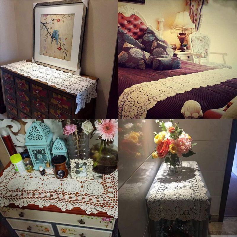 Caminero de mesa rectangular Damanni 40 x 140 cm Beige de algodón con encaje de crochet