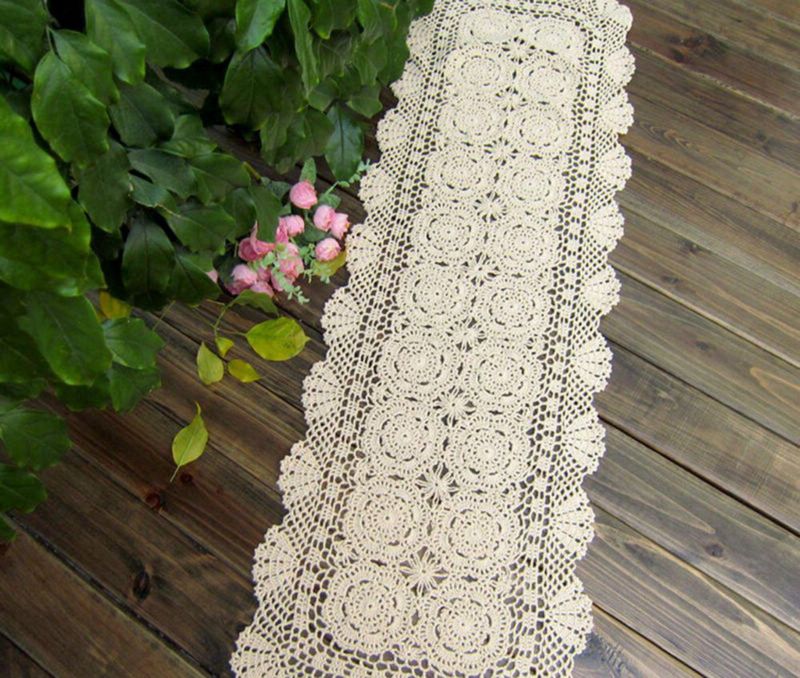 Caminero de mesa rectangular Damanni 40 x 140 cm Beige de algodón con encaje de crochet