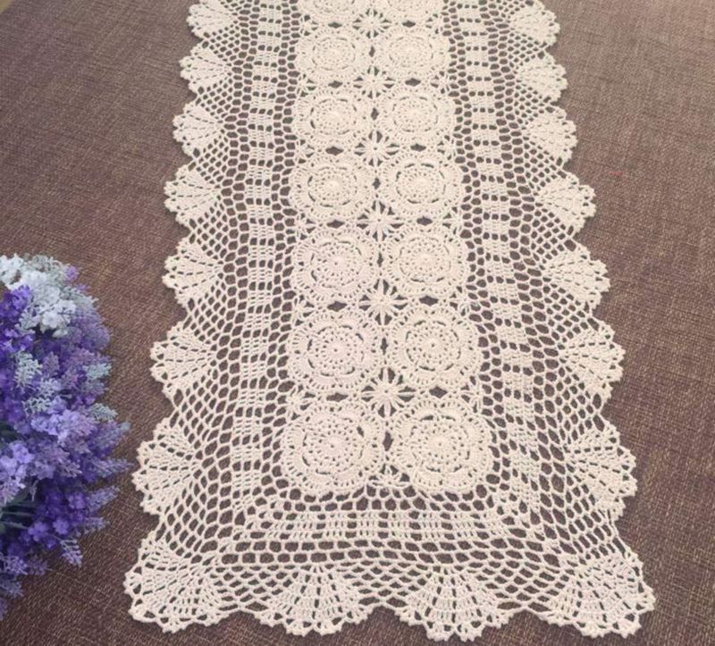 Caminero de mesa rectangular Damanni 40 x 140 cm Beige de algodón con encaje de crochet