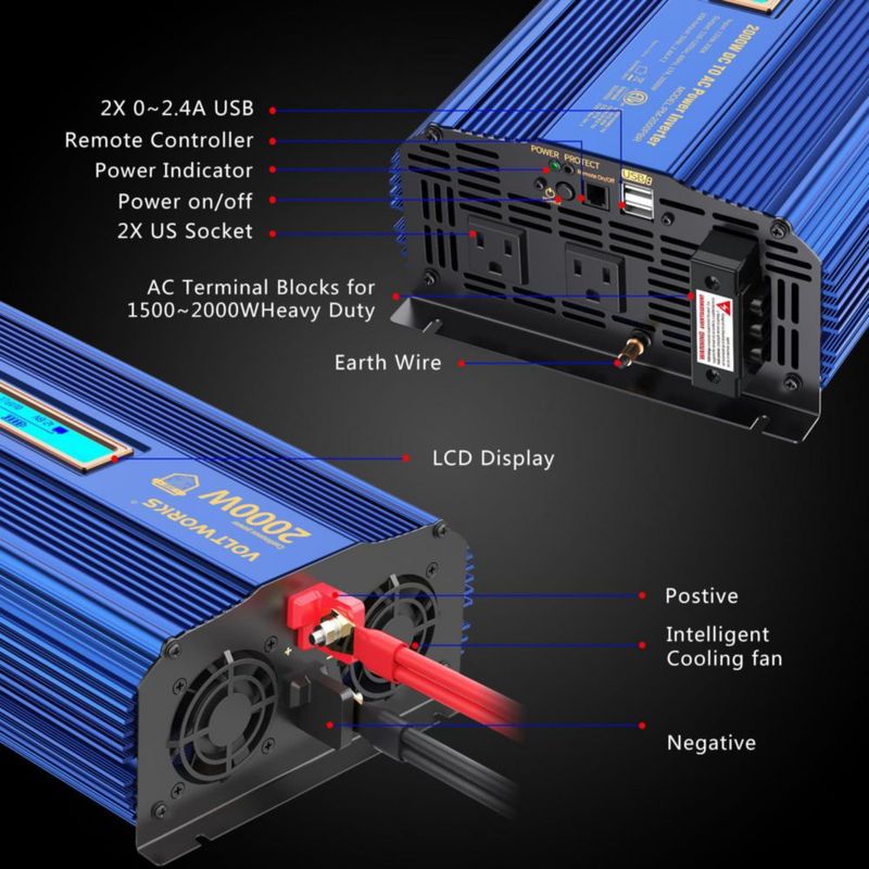 Inversor de Potencia VOLTWORKS 2000W 12V a 110-120V