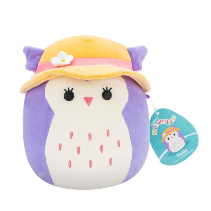Peluche Squishmallows Holly 19 cm Búho Morado con Sombrero de Sol