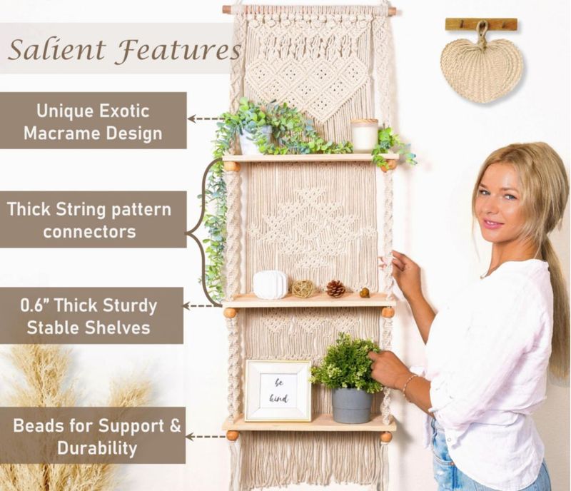 Estantería Induslyfe de 3 Niveles 43 cm x 130 cm estilo Boho para colgar en la pared
