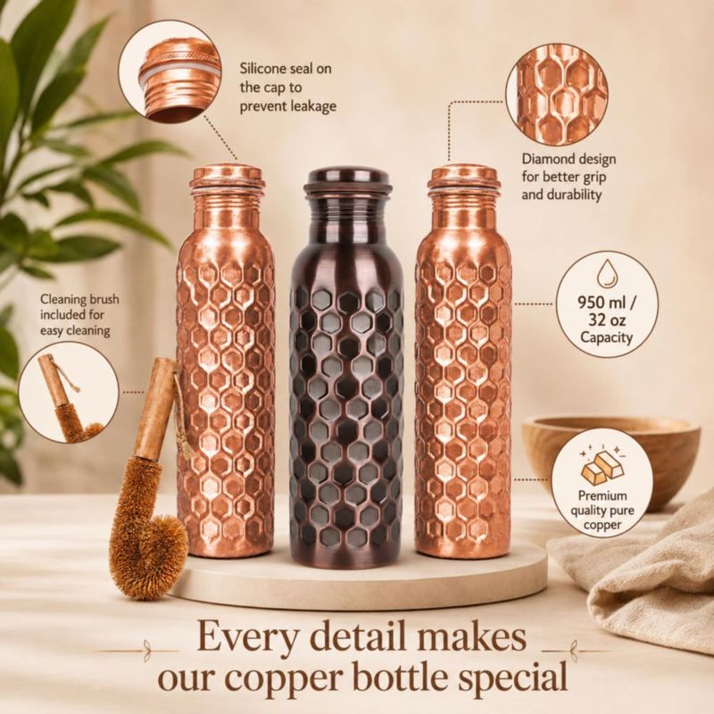 Botella de cobre 950 ml The Wooden Town Pack de 3 + Cepillo