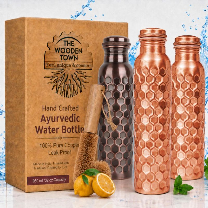 Botella de cobre 950 ml The Wooden Town Pack de 3 + Cepillo