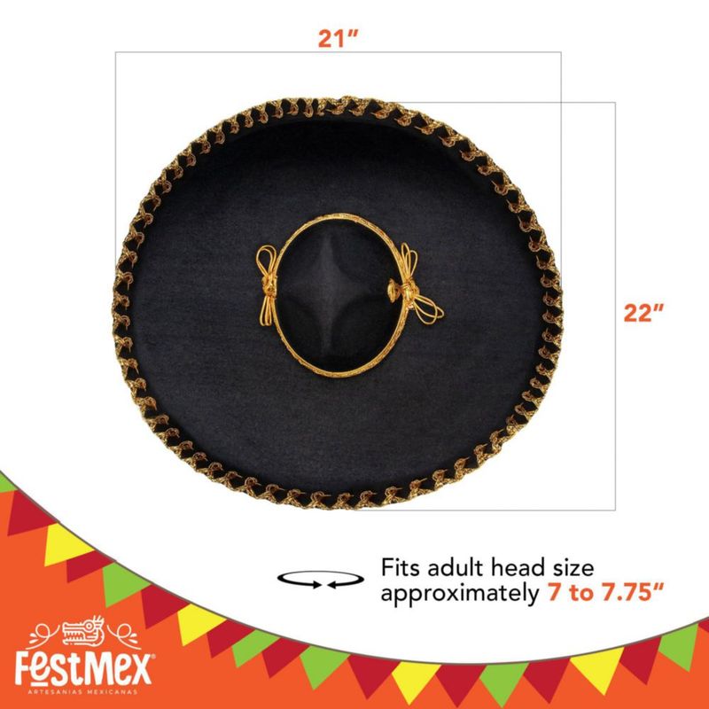 Sombrero FESTMEX negro y dorado bordado – talla adulta