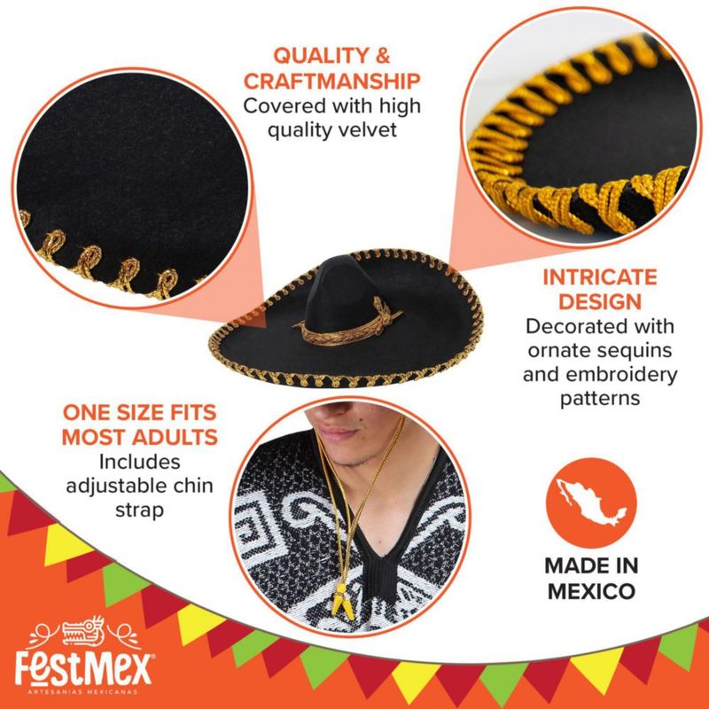 Sombrero FESTMEX negro y dorado bordado – talla adulta
