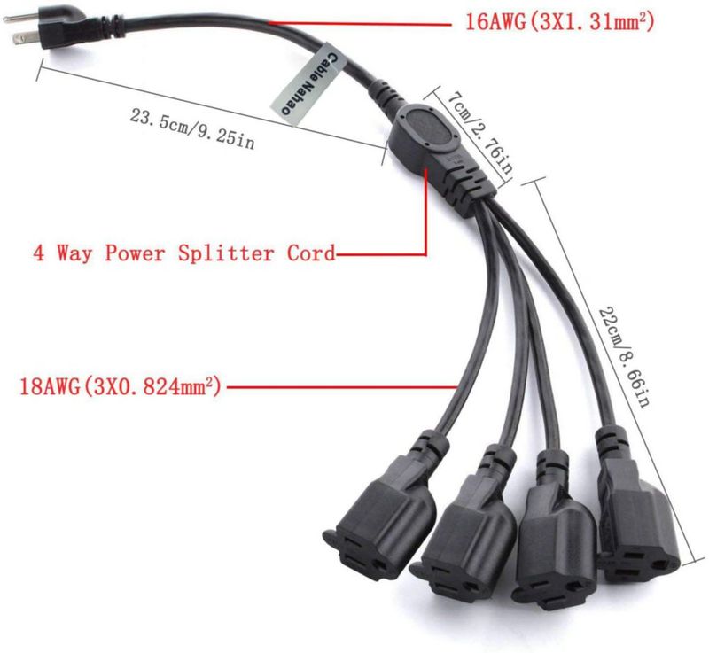 Cable divisor de alimentación NAHAO 3 clavijas 1 a 4 salidas 05 m negro