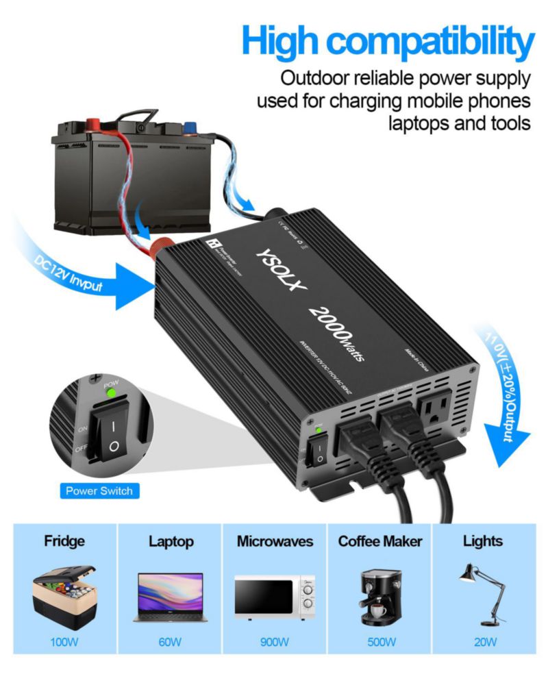 Inversor de Potencia YSOLX 2000W 12V a 110V con 3 Enchufes