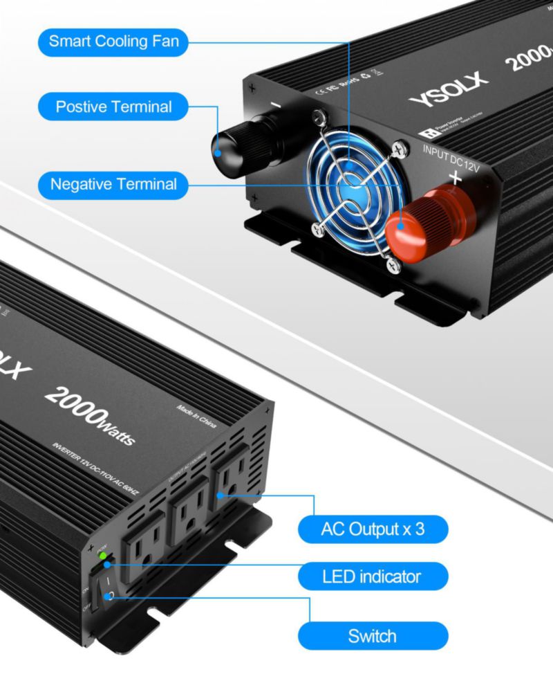 Inversor de Potencia YSOLX 2000W 12V a 110V con 3 Enchufes