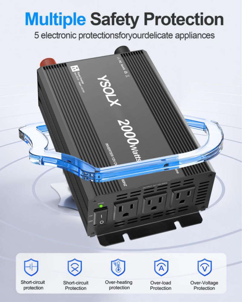 Inversor de Potencia YSOLX 2000W 12V a 110V con 3 Enchufes