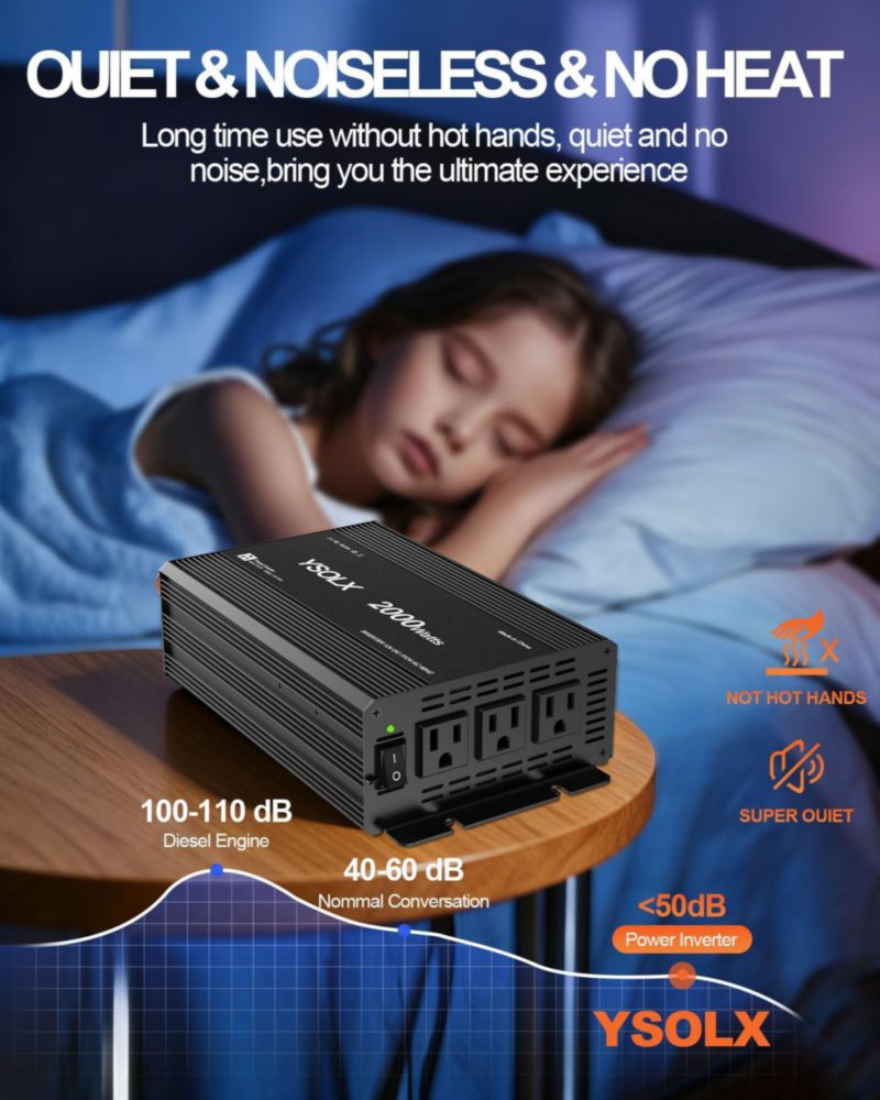 Inversor de Potencia YSOLX 2000W 12V a 110V con 3 Enchufes