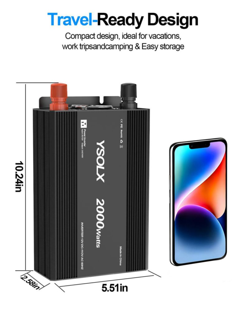 Inversor de Potencia YSOLX 2000W 12V a 110V con 3 Enchufes