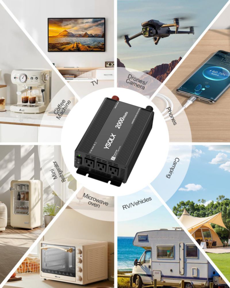 Inversor de Potencia YSOLX 2000W 12V a 110V con 3 Enchufes