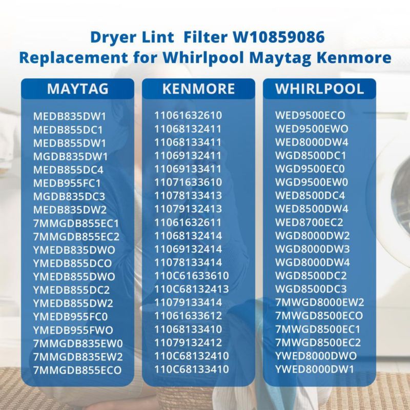 Filtro de pelusa para secadora showingo W10859086 compatible con Whirlpool Maytag y Kenmore