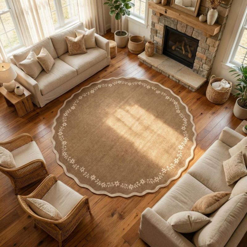 Alfombra redonda GarveeHome 183 cm con borde festoneado lavable