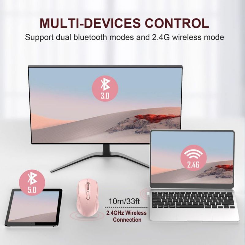 Ratón TECKNET BT 5.0/3.0 + 2.4 GHz 4000 DPI Rosa