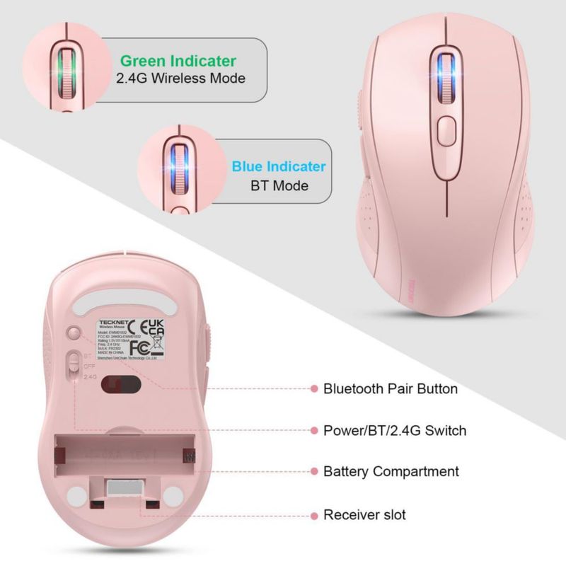 Ratón TECKNET BT 5.0/3.0 + 2.4 GHz 4000 DPI Rosa