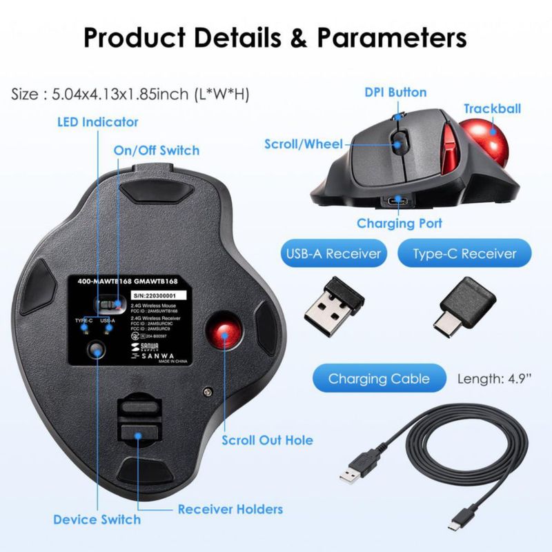 Ratón con bola SANWA 2.4G inalámbrico silencioso USB-A/C