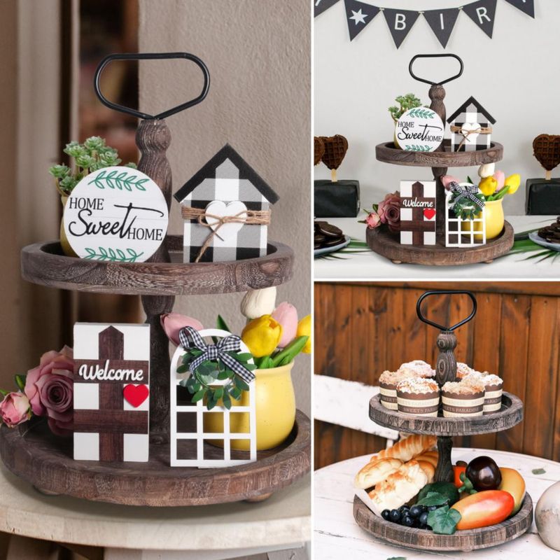 Bandeja mustry de madera estilo granja de 2 niveles (26 cm/32 cm)