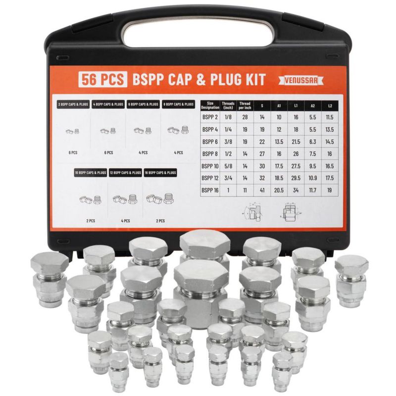 Kit de tapas y tapones BSPP Venussar 56 piezas (tamaños 02‑16)