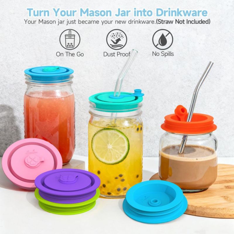 Tapas de frasco tipo Mason SOPHICO pack de 6 con agujero para pajita silicona