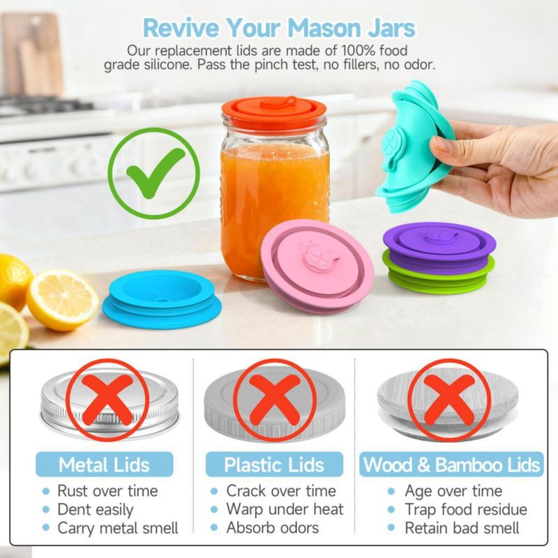 Tapas de frasco tipo Mason SOPHICO pack de 6 con agujero para pajita silicona