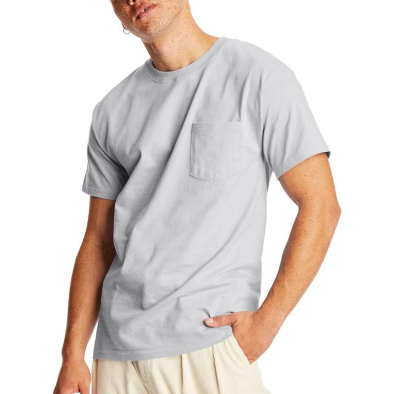 CAMISETA Hanes Beefy‑T Light Steel con bolsillo grande