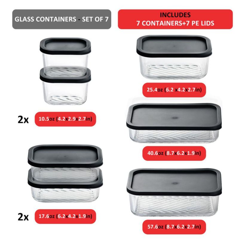 Juego de 7 envases de vidrio negro EATEX para almacenamiento de alimentos