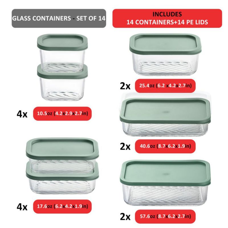 EATEX Pack de 14 Recipientes de Vidrio para Alimentos Color Salvia Libre de BPA