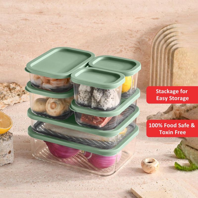 EATEX Pack de 14 Recipientes de Vidrio para Alimentos Color Salvia Libre de BPA