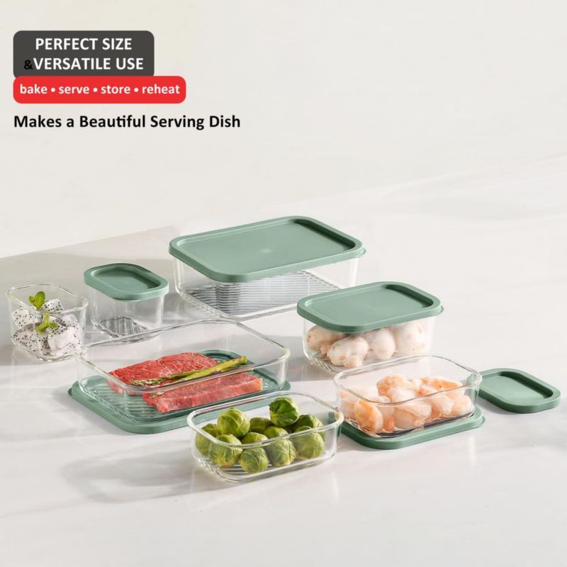EATEX Pack de 14 Recipientes de Vidrio para Alimentos Color Salvia Libre de BPA