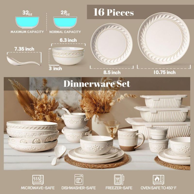 Juego de vajilla Artena 16 piezas para 4 blanco con relieve