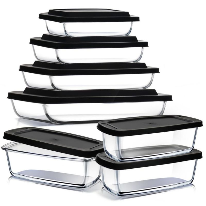 EATEX Juego de 7 piezas de vidrio negro con tapas para almacenamiento de alimentos