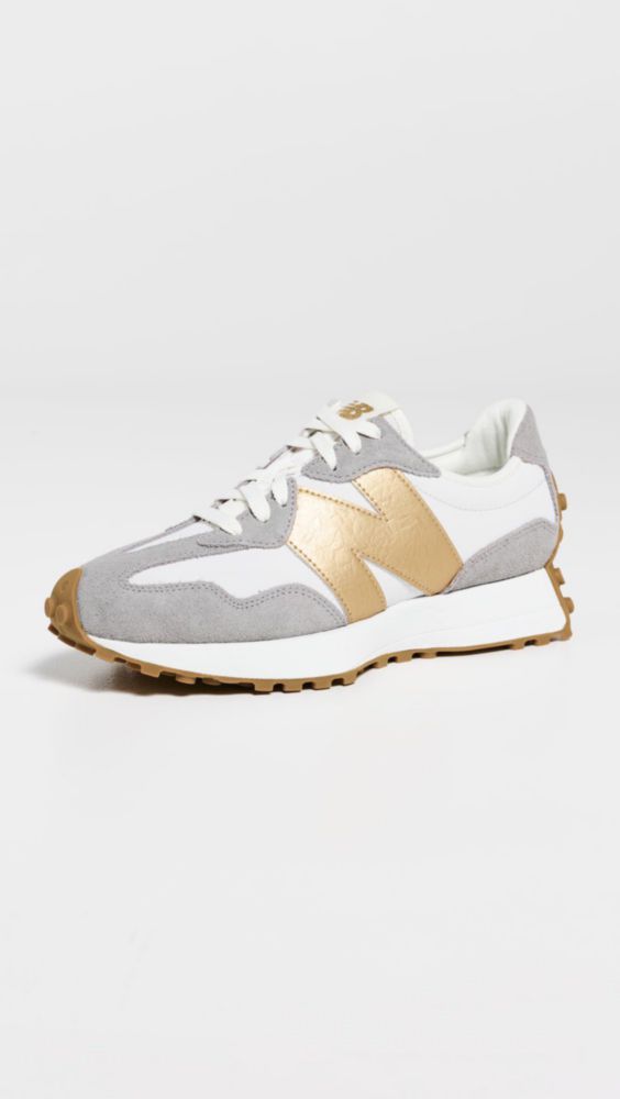Zapatilla New Balance 327 para mujer Gris/Metálico Dorado 5.5