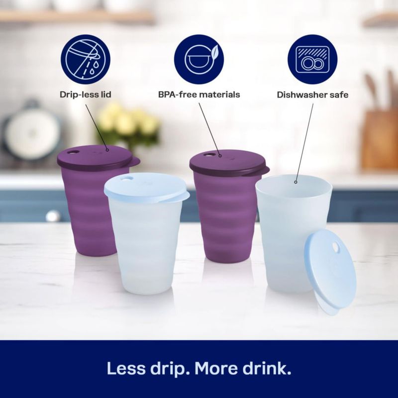 Juego de 4 vasos Tupperware de 500 ml con tapa a prueba de derrames azul y morado